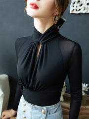 Hollow Mesh Pleated See-Through Solid Color Twist Long Sleeves Plus Size Half Turtleneck Blouses&Shirts Tops