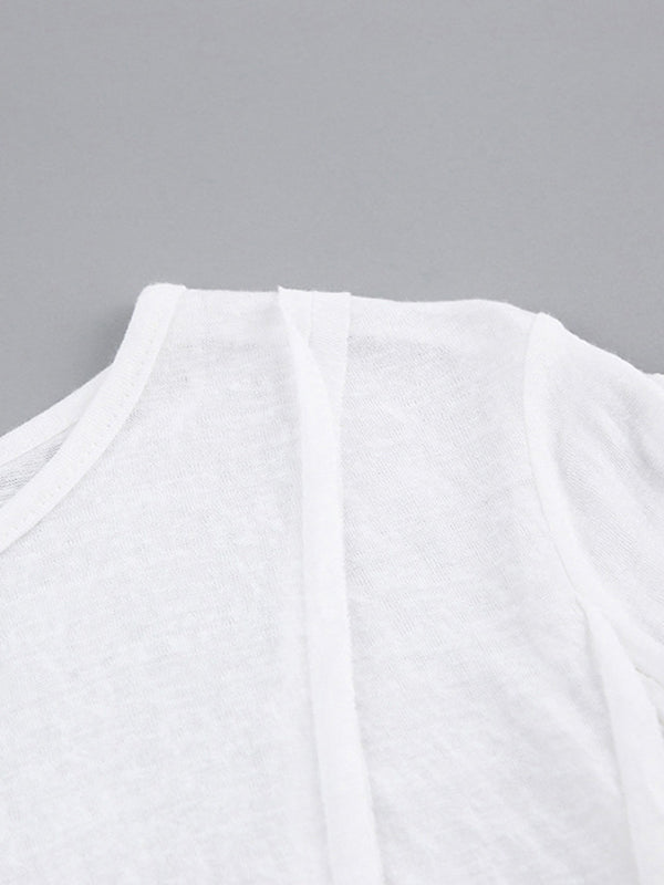 Pleated Solid Color Long Sleeves Skinny Round-Neck T-Shirts
