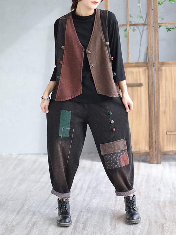 Loose Split-Joint V-Neck Vest Top + Jean Harem Pants Bottoms  Two Pieces Set