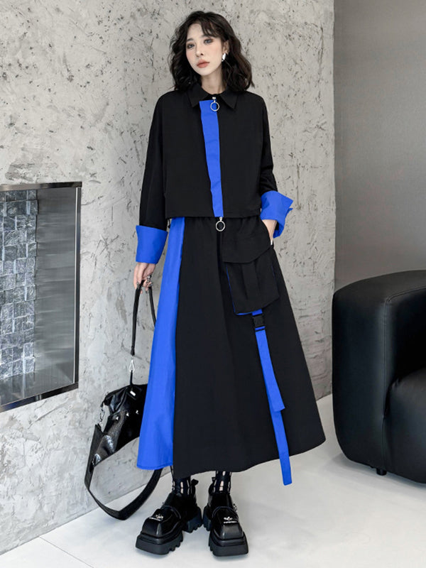 Asymmetric Contrast Color Split-Joint Lapel Blouses&Shirts Tops + A-Line Elasticated Waist Pockets Streamer Skirts Bottoms Two Pieces Set