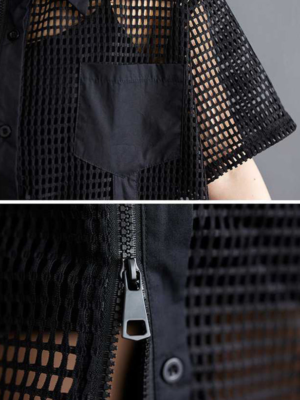 Hollow Solid Color Split-Joint Zipper Half Sleeves Loose Lapel Shirt Dress Midi Dresses