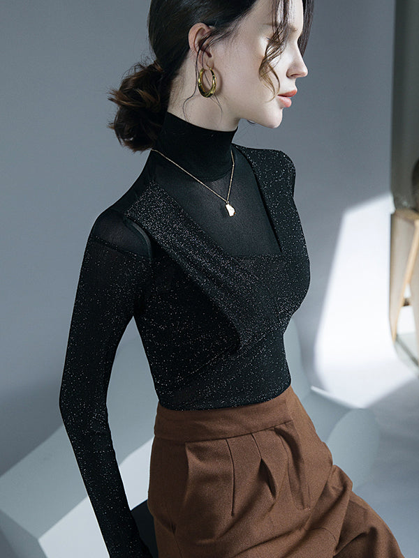 Asymmetric Mesh See-Through Shiny Split-Joint Long Sleeves Skinny Half Turtleneck Blouses&shirts Tops