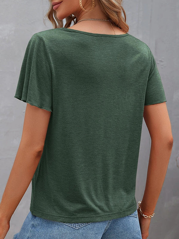 Hollow Solid Color Split-Joint Loose Plus Size V-Neck T-Shirts Tops