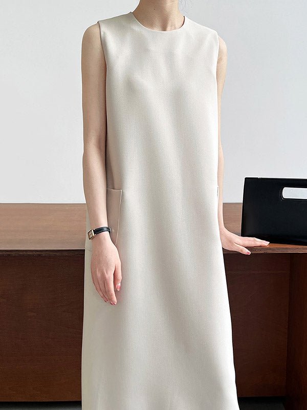 Pockets Solid Color Split-Back Zipper High Waisted Loose Round-Neck Midi Dresses