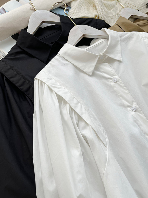 Solid Color Loose Puff Sleeves Lapel Blouses