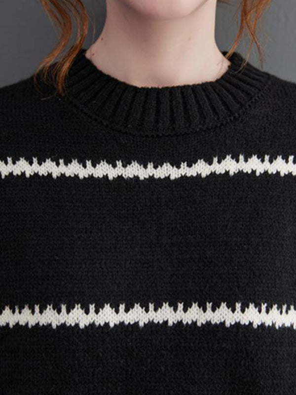 Casual Loose Long Sleeves Striped Round-Neck Sweater Tops