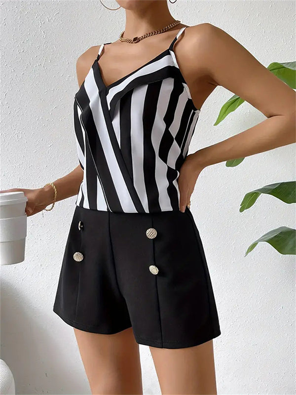 Spaghetti-Neck Loose Sleeveless Buttoned Split-Joint Striped Vest Top + Shorts Bottom Two Pieces Set