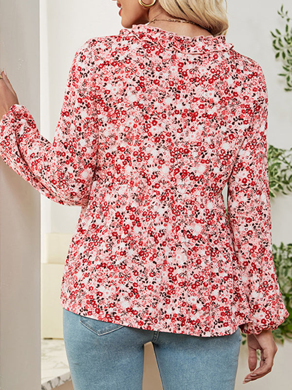 Flower Print Ruffled Long Sleeves Loose V-neck Blouses&shirts Tops
