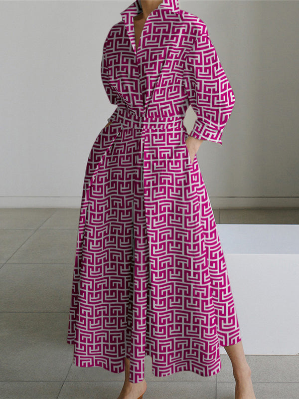 Pleated Printed Tied Waist Long Sleeves Loose Lapel Shirt Dress