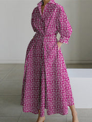 Pleated Printed Tied Waist Long Sleeves Loose Lapel Shirt Dress