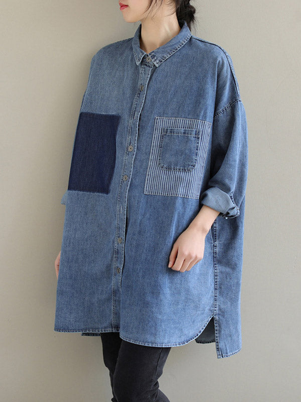 Asymmetric Buttoned Pockets Split-Joint High-Low Long Sleeves Lapel Blouses&Shirts Tops