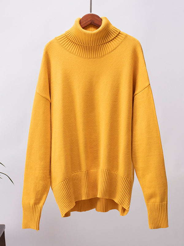 Solid Color Split-Joint High-Low Long Sleeves High Neck Sweater Tops