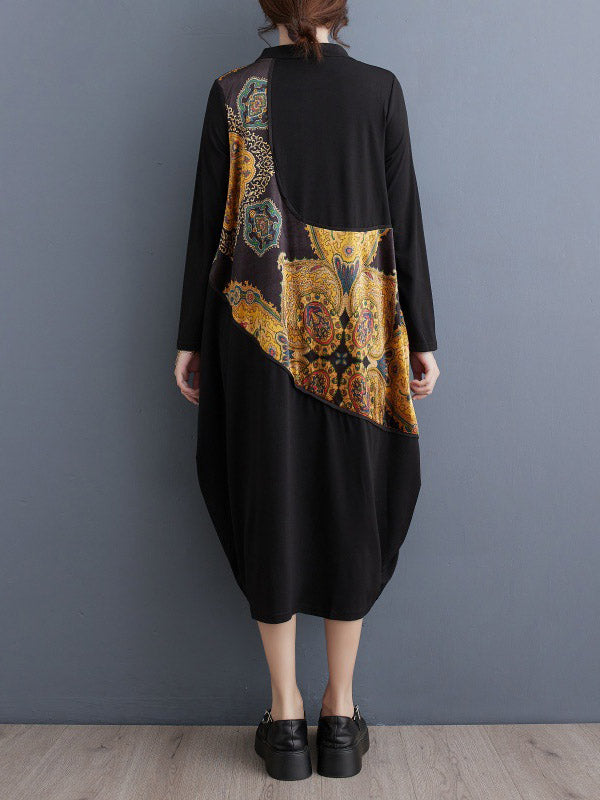 Asymmetric Printed Split-Joint Long Sleeves Loose Round-Neck Midi Dresses