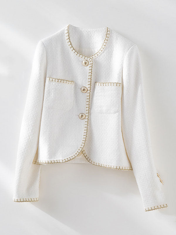 Buttoned Pockets Split-Joint Long Sleeves Loose Round-neck Outerwear