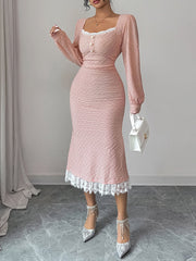 Lacy Pleated Solid Color Split-Joint Zipper Bodycon High Waisted Square-Neck Midi Dresses