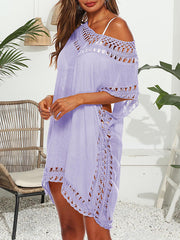 Hollow See-Through Solid Color Split-Joint Loose Raglan Sleeve V-Neck Mini Dresses