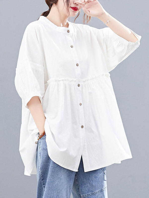 Artistic Retro Loose Half Sleeves Pleated Falbala Split-Joint Solid Color Blouses
