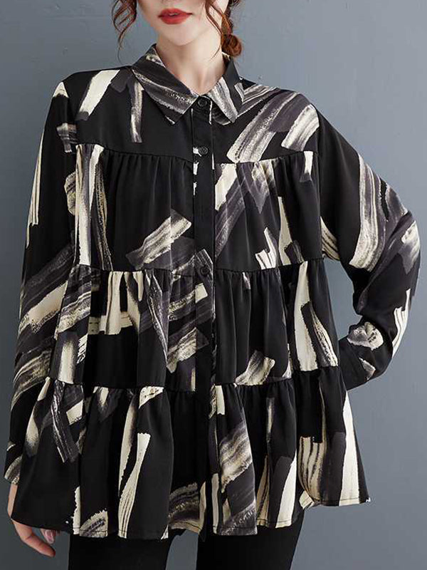 Pleated Printed Split-Joint Long Sleeves Loose Lapel Blouses