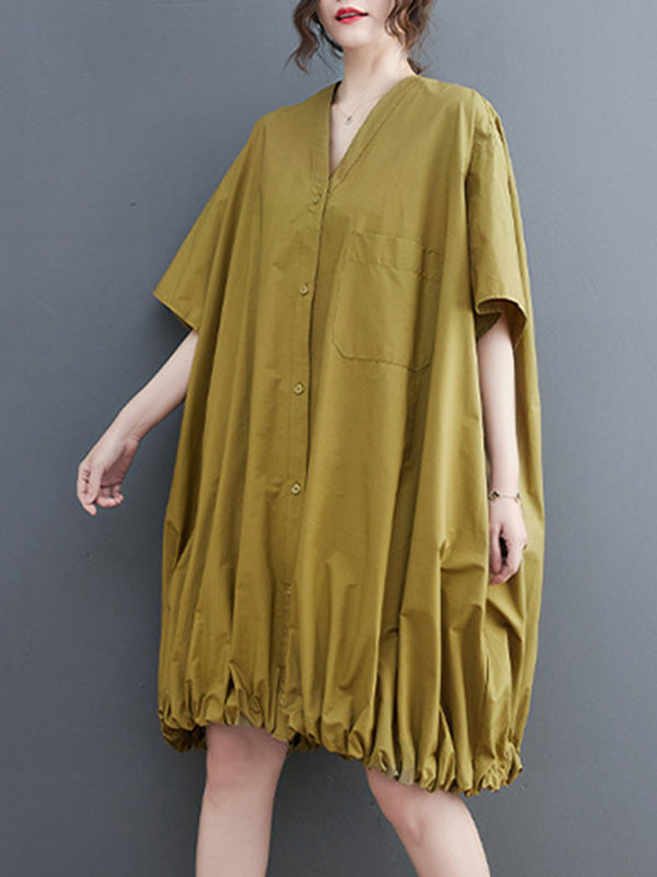 Elasticity Solid Color Half Sleeves Loose V-Neck Mini Dresses