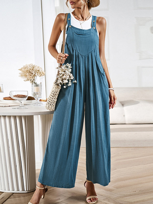 Pleated Pockets Split-Joint Loose Sleeveless Spaghetti-Neck Overalls