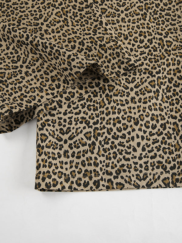 Leopard Printed Split-Joint High Waisted Loose Trousers Pants