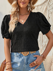 Heart Print Knot Pleated Solid Color Split-Joint Loose Short Sleeves V-Neck T-Shirts Tops