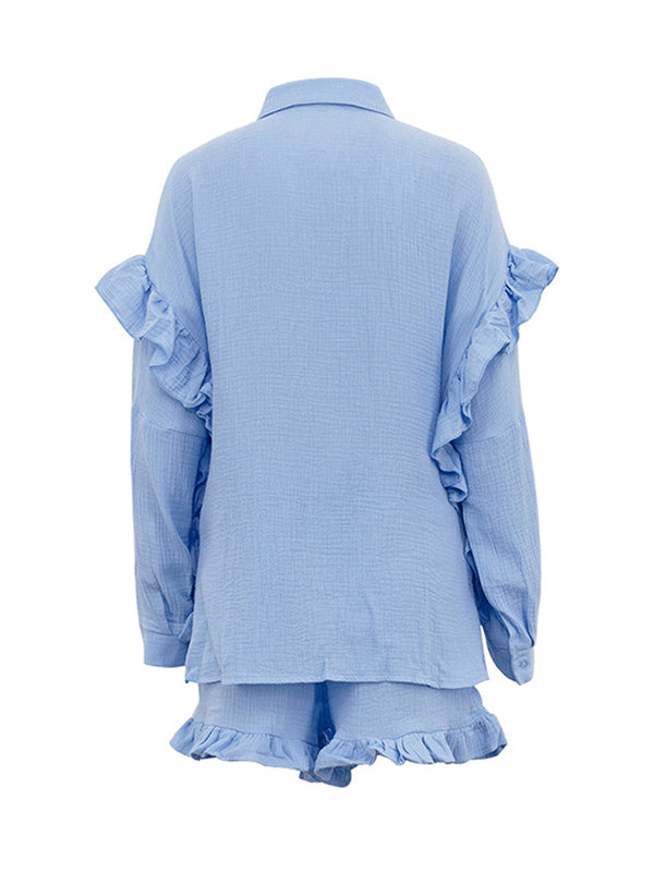 Split-Joint Lapel Long Sleeves Loose Buttoned Ruffle Trim Solid Color Blouses Tops + Elasticity Shorts Bottom Two Pieces Set