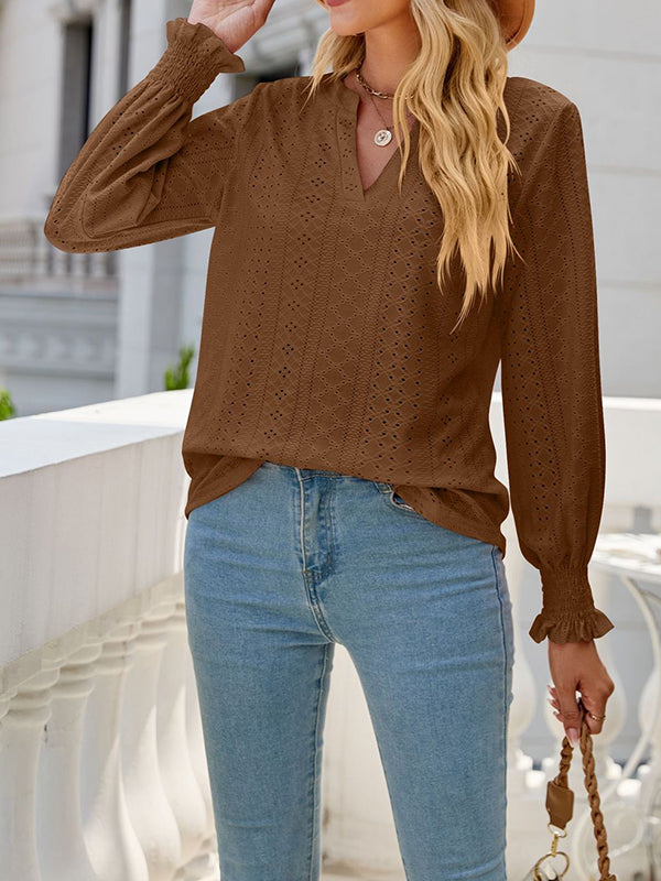 Elasticity Hollow Solid Color Long Sleeves Loose V-neck T-Shirts Tops