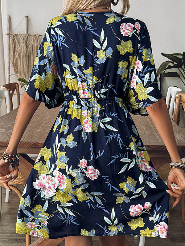 Flower Print Hollow Loose Short Sleeves V-Neck Mini Dresses Cover-Up