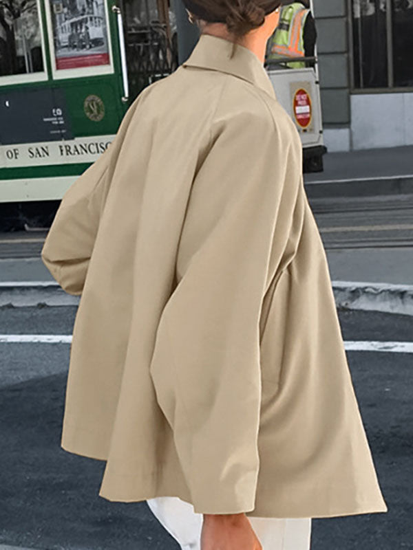 Buttoned Pockets Long Sleeves Loose Lapel Trench Coats Outerwear