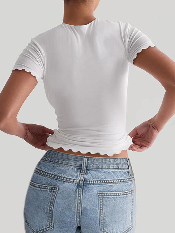 Solid Color Short Sleeves Skinny Round-Neck T-Shirts Tops