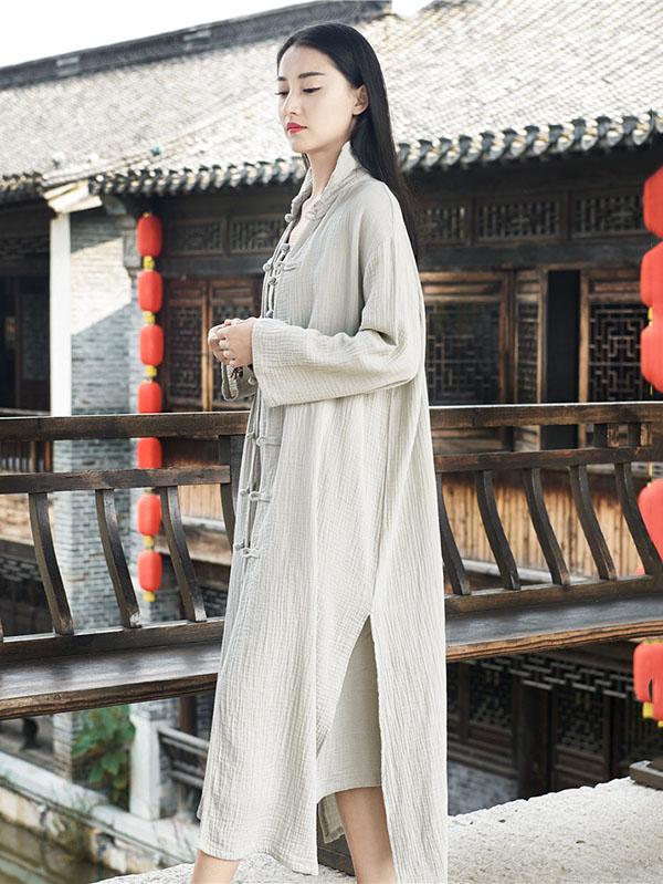 Black&Light gray Split-side Vintage Linen Outwear