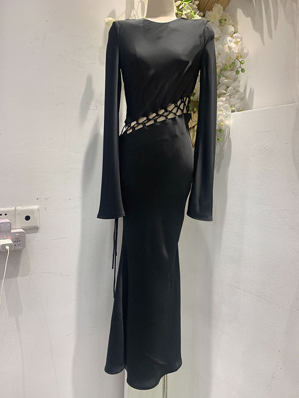 Hollow Solid Color High Waisted Long Sleeves Round-Neck Maxi Dresses