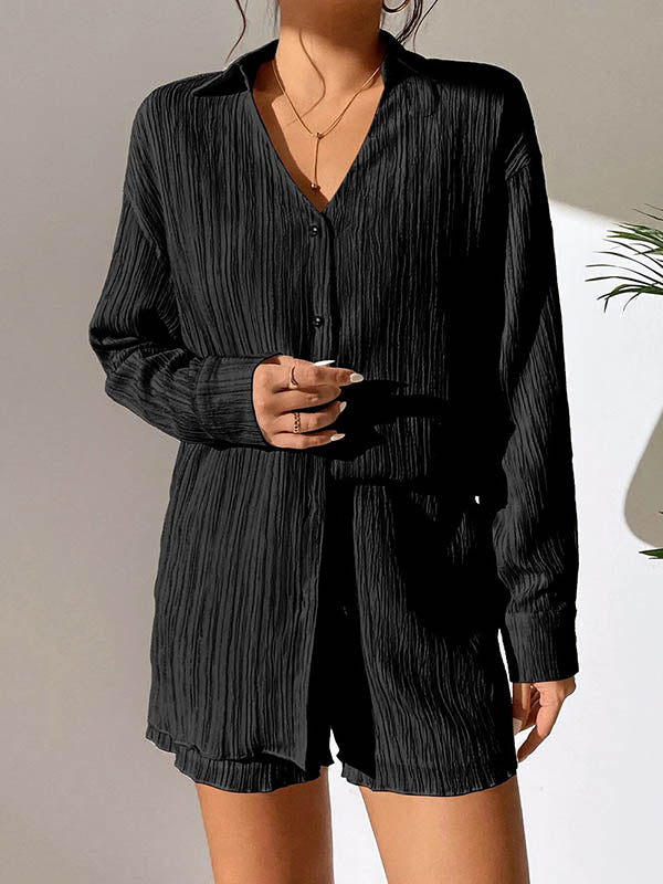 Loose Buttoned Long Sleeves Pleated Solid Color Lapel Shirts Top + Elasticity Shorts Bottom Two Pieces Set