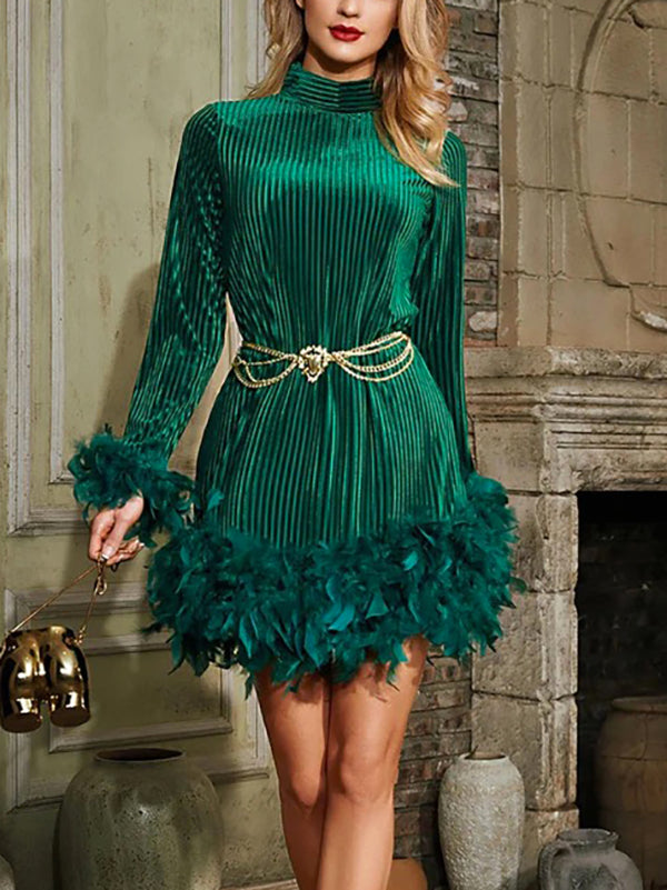 Chains Feathers Solid Color Velvet A-Line Long Sleeves Stand Collar Mini Dresses