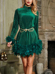 Chains Feathers Solid Color Velvet A-Line Long Sleeves Stand Collar Mini Dresses