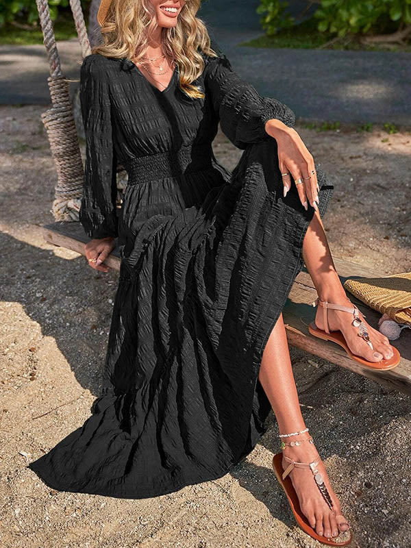 Elasticity Solid Color Split-Joint A-Line Long Sleeves V-Neck Maxi Dresses