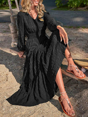 Elasticity Solid Color Split-Joint A-Line Long Sleeves V-Neck Maxi Dresses