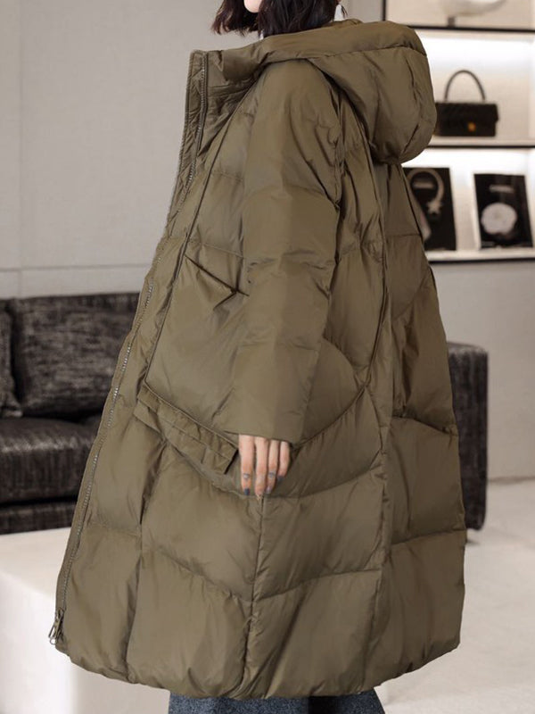 Pockets Solid Color Split-Joint Long Sleeves Loose Hooded Down Coat