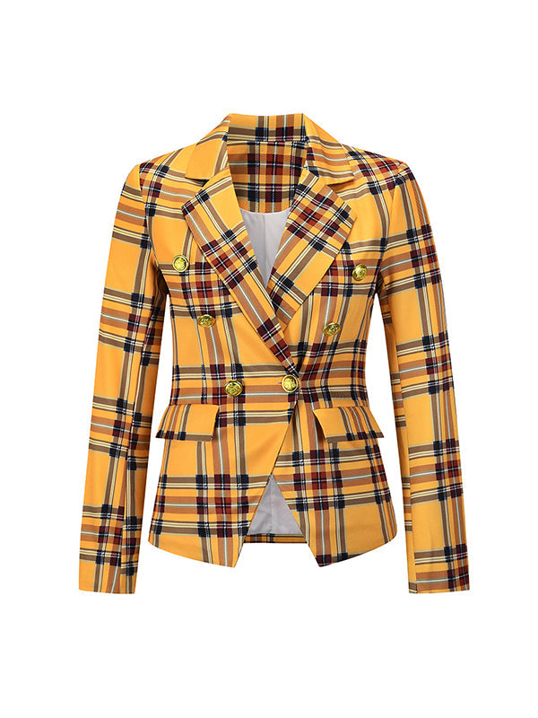 Buttoned Plaid Pockets Long Sleeves Loose Notched Collar Outerwear Blazer