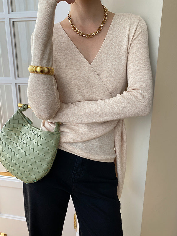 Asymmetric Solid Color Long Sleeves V-Neck Sweater Tops Pullovers