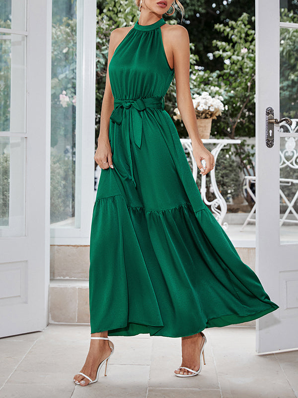Pleated Ribbed Solid Color Sleeveless Halter-Neck Maxi Dresses