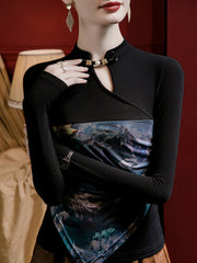 Hollow Pleated Printed Split-Joint Long Sleeves Plus Size Stand Collar T-Shirts Tops