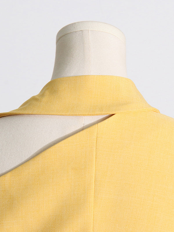 Asymmetric Buttoned Hollow Solid Color Tied Long Sleeves Loose Asymmetric Collar Blazer