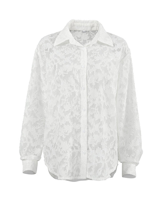 Jacquard See-Through Split-Joint Long Sleeves Loose Lapel Blouses&Shirts Tops