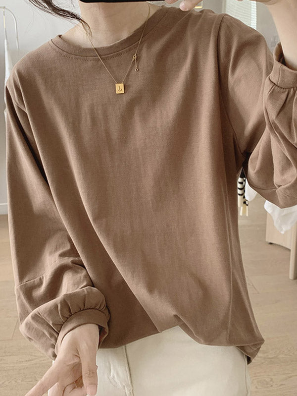 Pleated Solid Color Long Sleeves Loose Round-Neck T-Shirts Tops