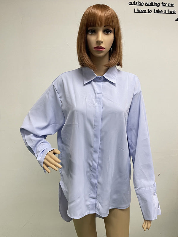 Urban Long Sleeves High-Low Solid Color Lapel Collar Blouses
