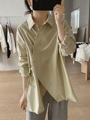 Lace-Up Solid Color Irregular Clipping Long Sleeves Lapel Blouses