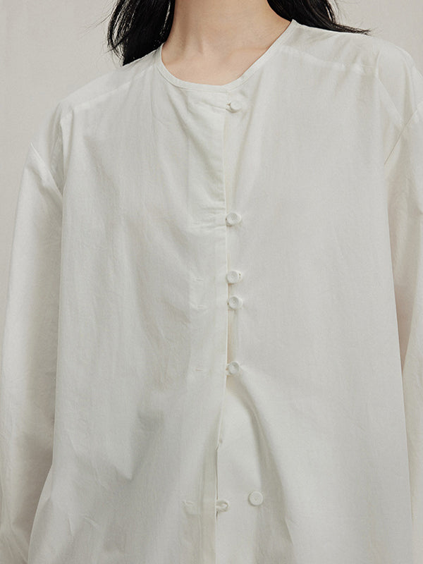 Buttoned Solid Color Tied Long Sleeves Loose Round-Neck Blouses&Shirts Tops