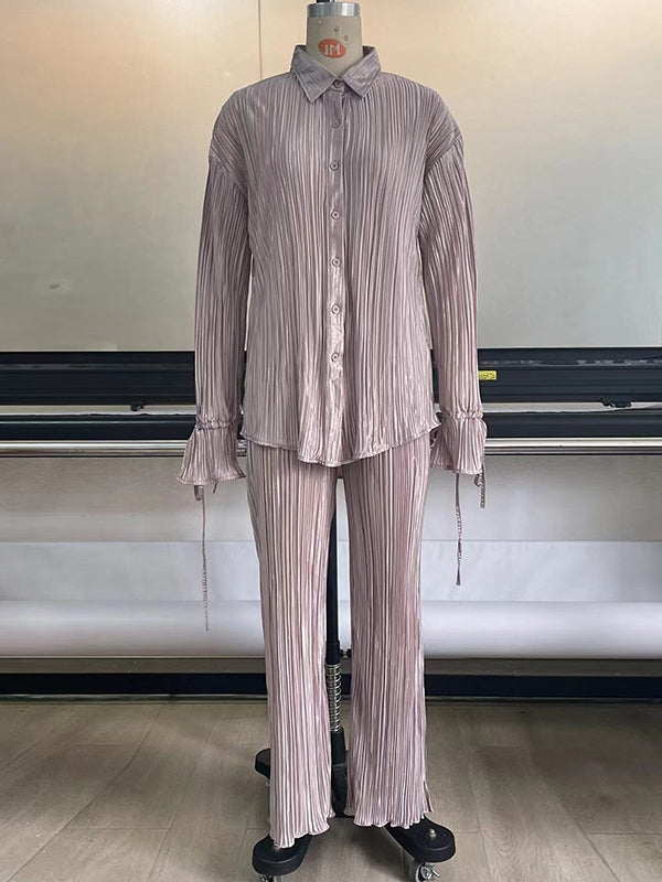 Solid Color Flared Sleeves Long Sleeves Buttoned Drawstring Pleated Split-Side Lapel Shirts Top + Pants Bottom Pajama Sets